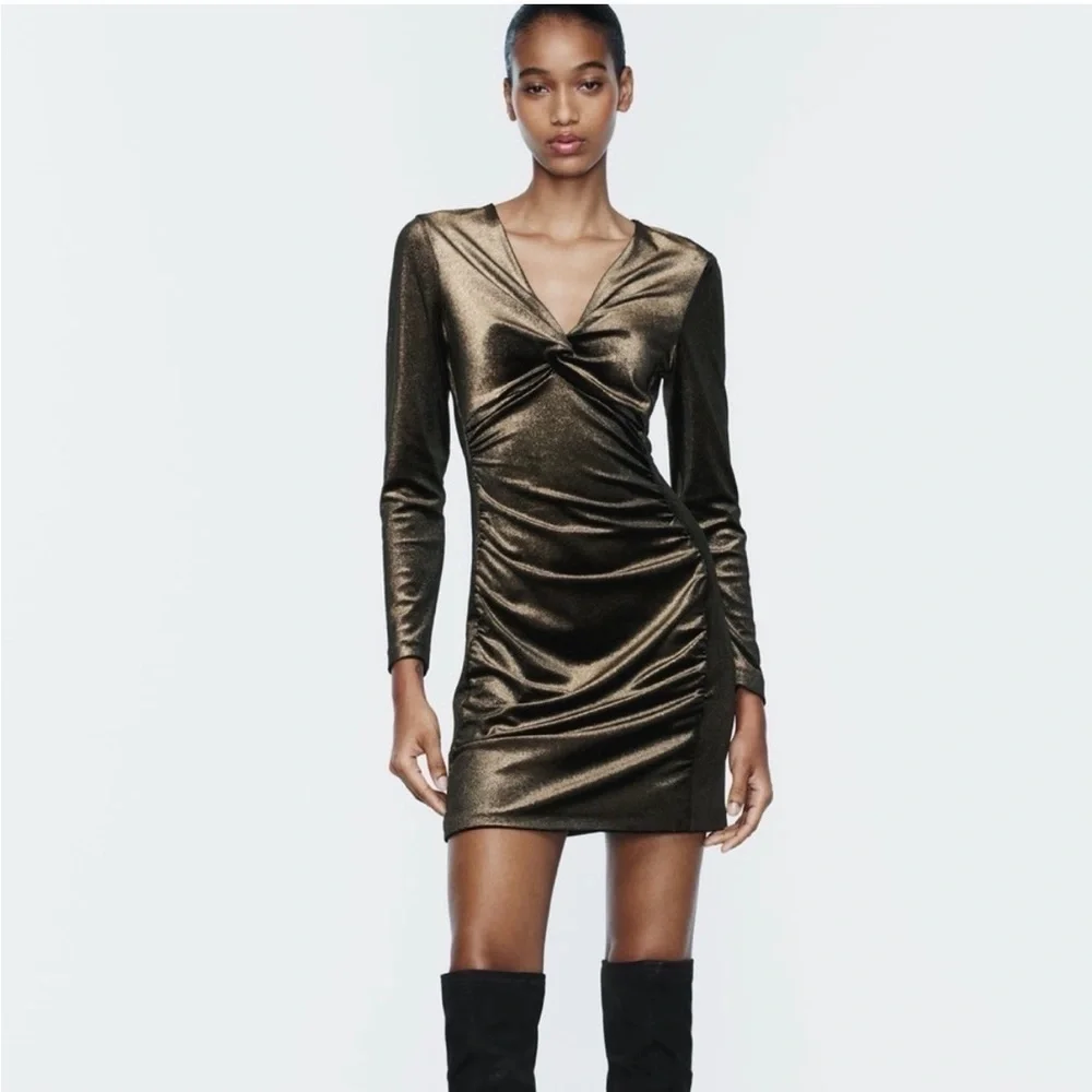 zara bronze metallic dress Zara | Dresses | Zara Velvet Metallic Bronze Twistfront Longsleeve Mini  Dress